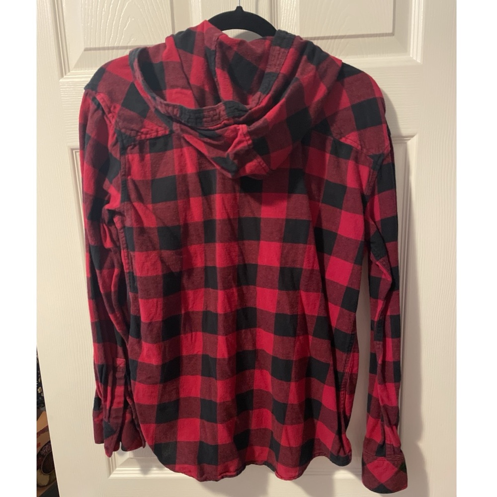 Aritzia TNA Hooded Buffalo Plaid Flannel Shirt M Red - Picture 3 of 5